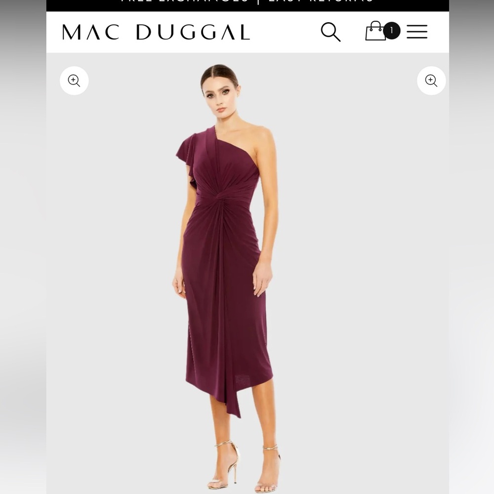 Mac Duggal One-Shoulder Twist-Front Wine Dress